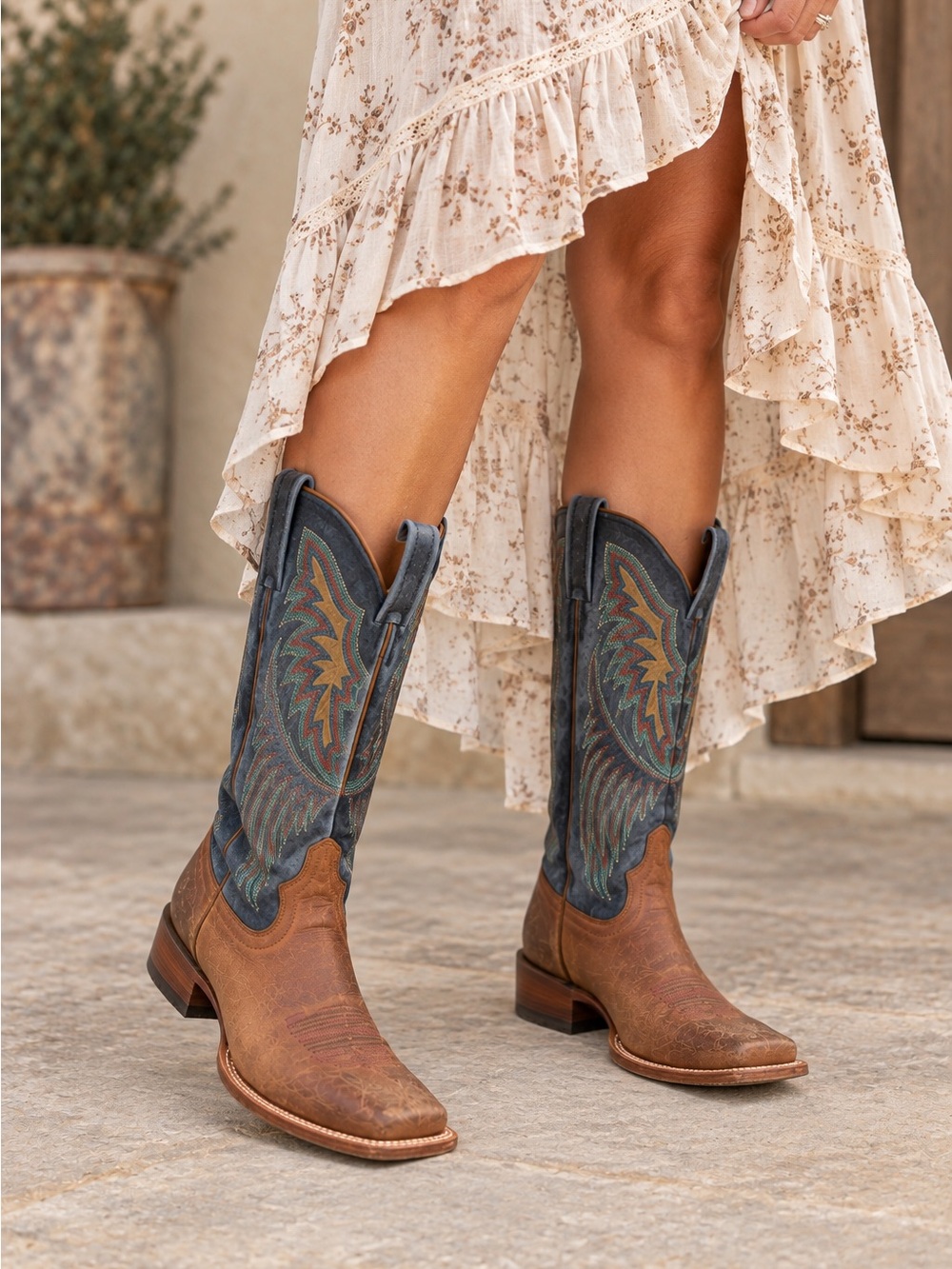 Tony Lama Brown Leather Boots with Blue Embroidered Shafts